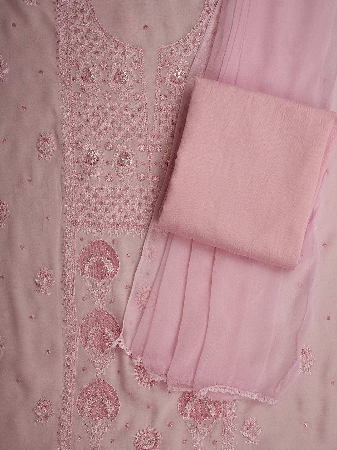 Ada Hand Embroidered Carnation Pink Muslin Lucknowi Chikankari Unstitched Kurta Dupatta Set With Cutdana Work 01A709328