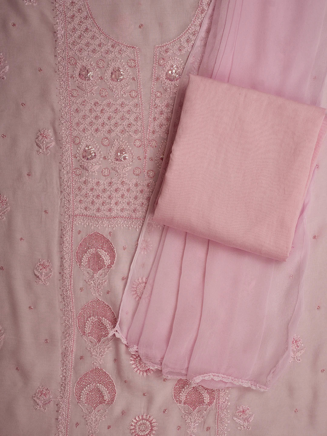 Ada Hand Embroidered Carnation Pink Muslin Lucknowi Chikankari Unstitched Kurta Dupatta Set With Cutdana Work 01A709328