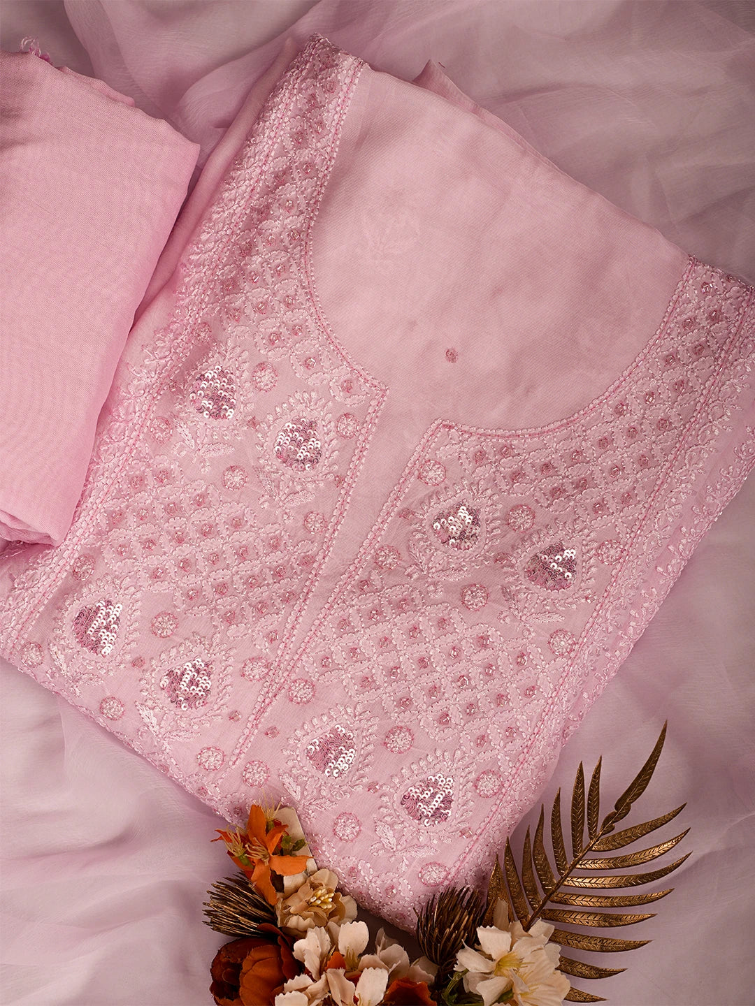 Ada Hand Embroidered Carnation Pink Muslin Lucknowi Chikankari Unstitched Kurta Dupatta Set With Cutdana Work 01A709328