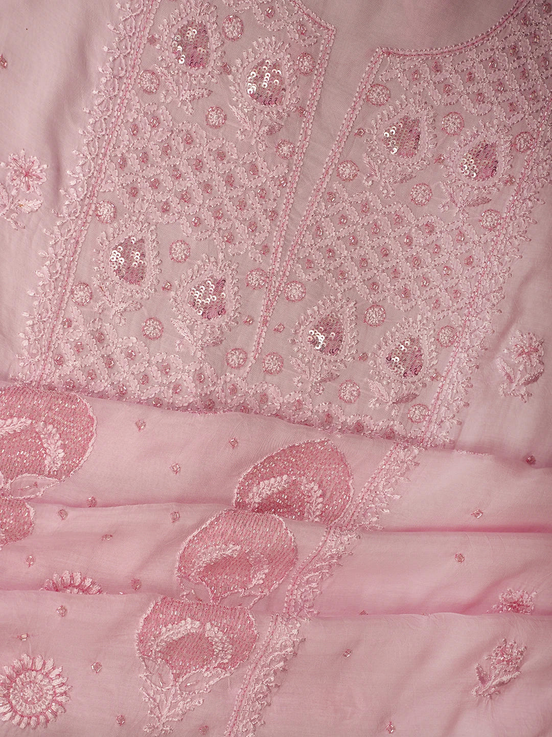 Ada Hand Embroidered Carnation Pink Muslin Lucknowi Chikankari Unstitched Kurta Dupatta Set With Cutdana Work 01A709328