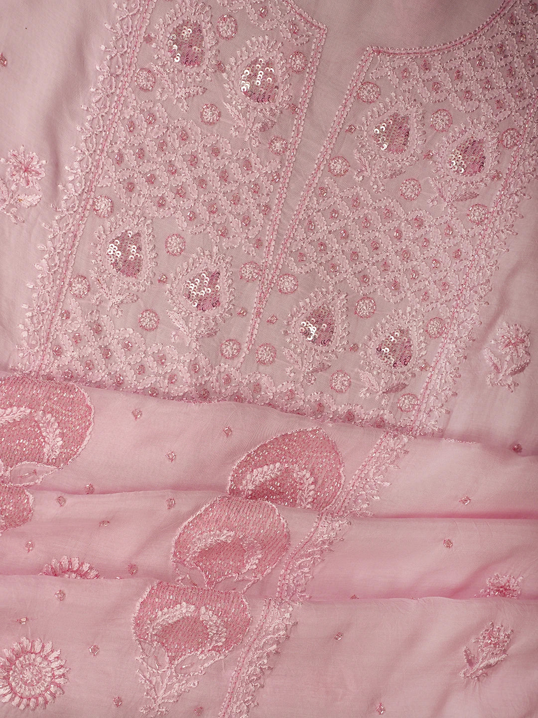 Ada Hand Embroidered Carnation Pink Muslin Lucknowi Chikankari Unstitched Kurta Dupatta Set With Cutdana Work 01A709328