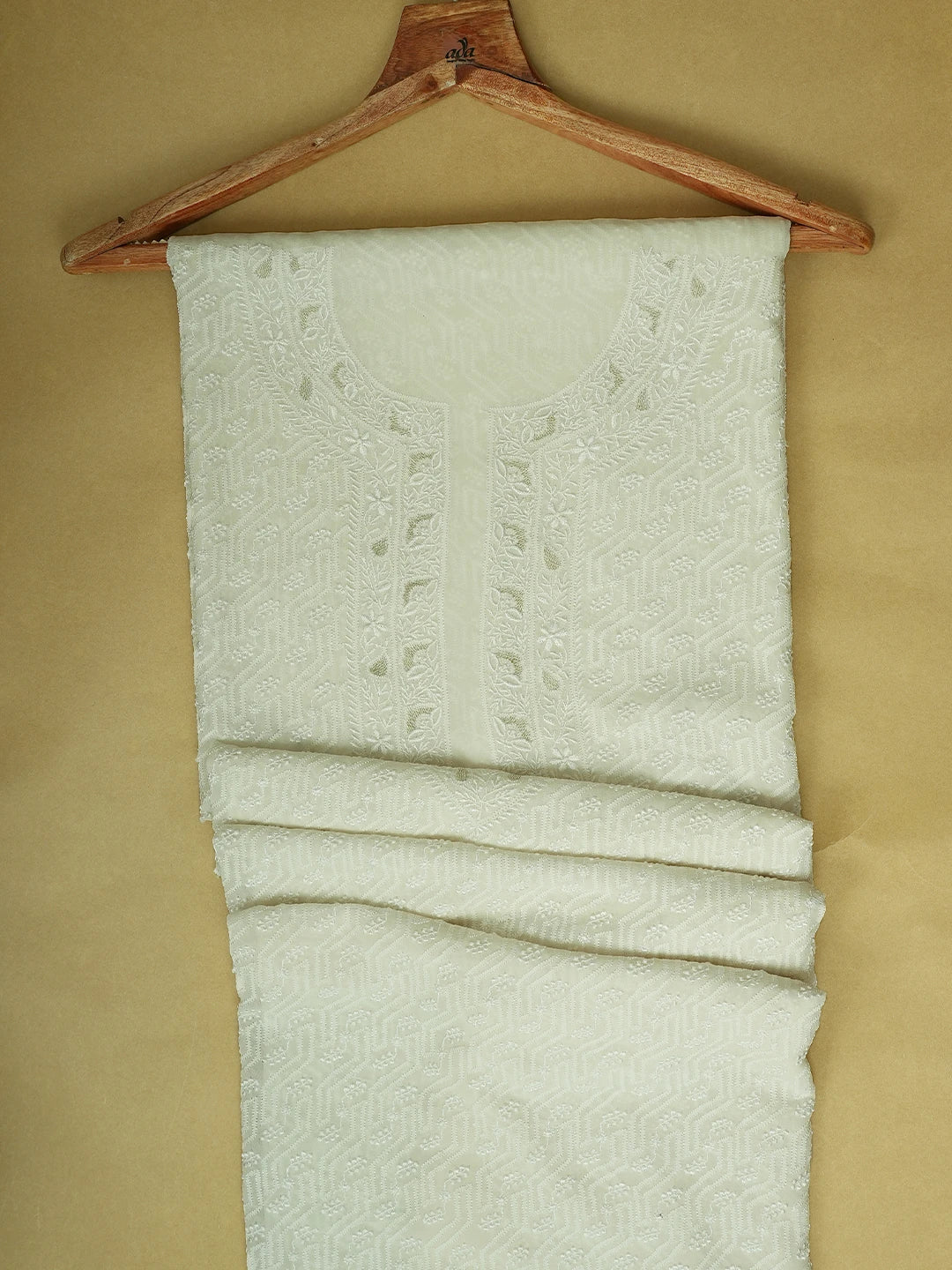Ada Hand Embroidered White Pure Georgette Lucknowi Chikankari Unstitched Men's Kurta Piece With Zari Work 01A604611