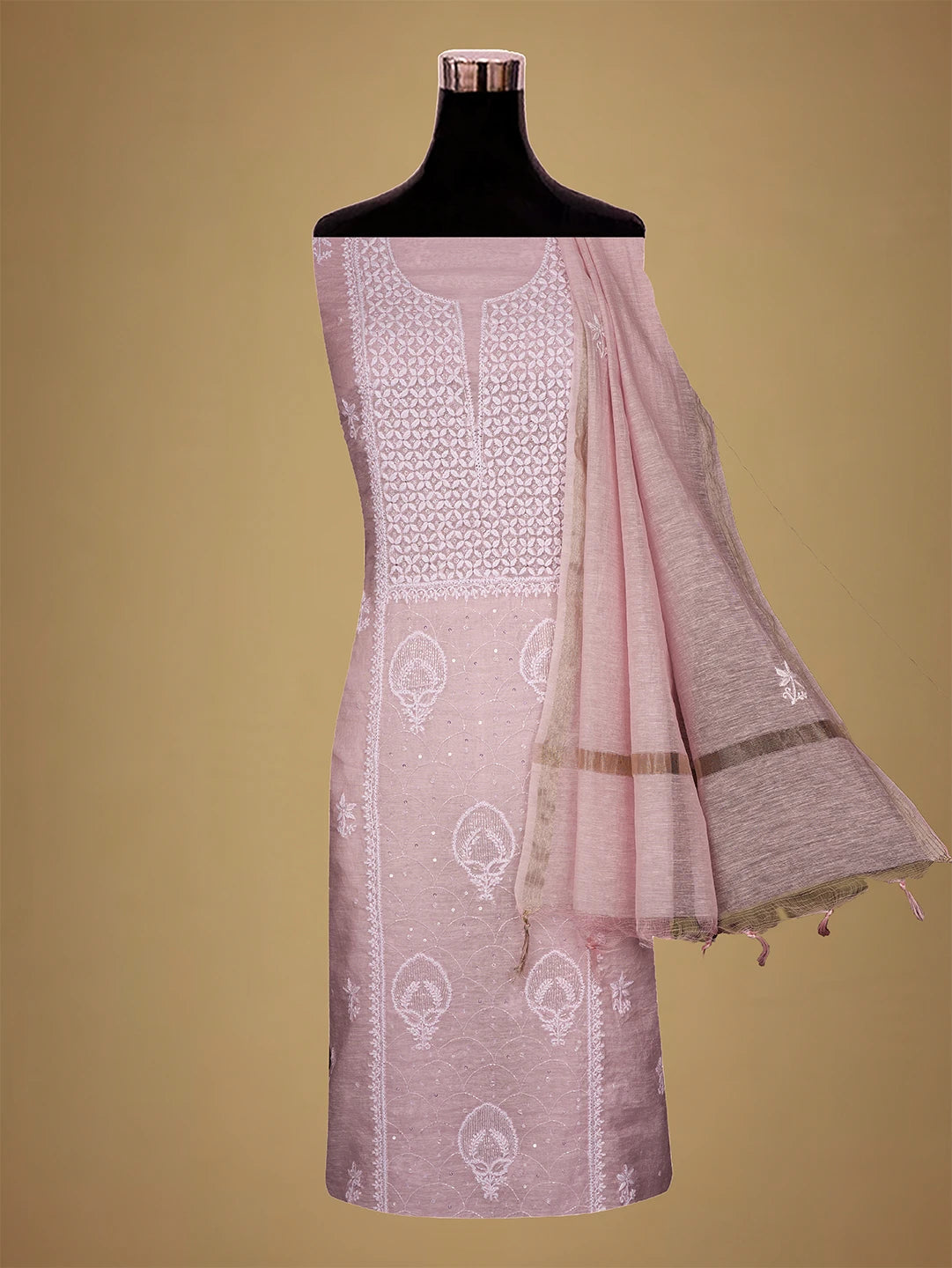 Ada Hand Embroidered Pink Chanderi Lucknowi Chikankari Unstitched Suit Piece With Cutdana Work 01A709325