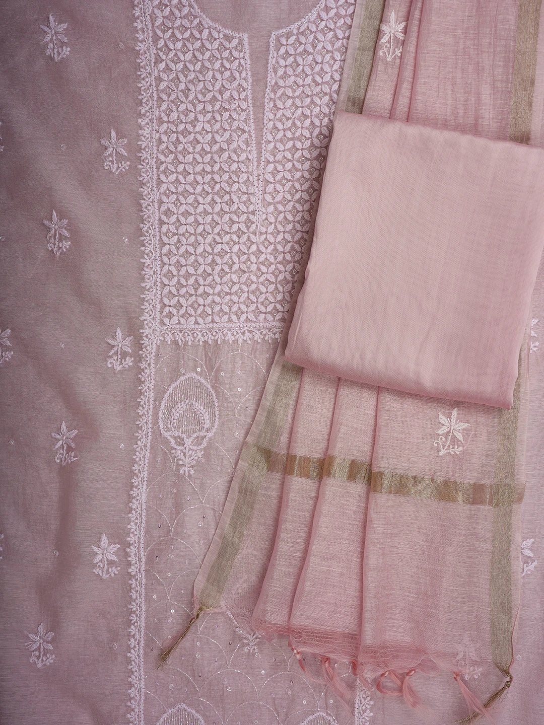 Ada Hand Embroidered Pink Chanderi Lucknowi Chikankari Unstitched Suit Piece With Cutdana Work 01A709325