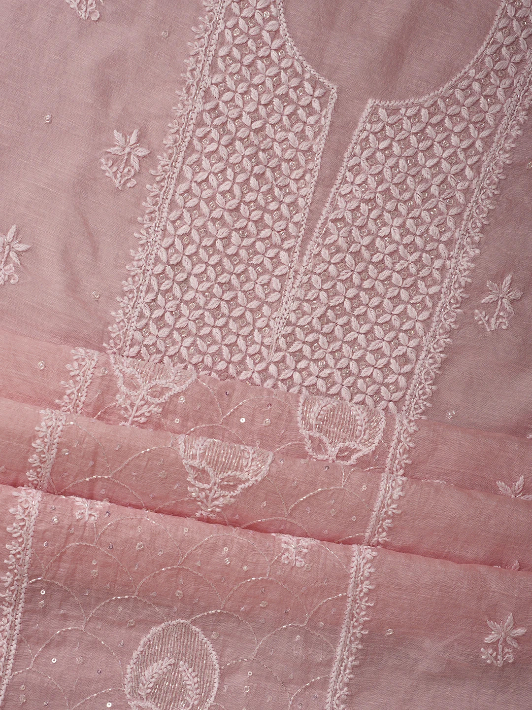 Ada Hand Embroidered Pink Chanderi Lucknowi Chikankari Unstitched Suit Piece With Cutdana Work 01A709325