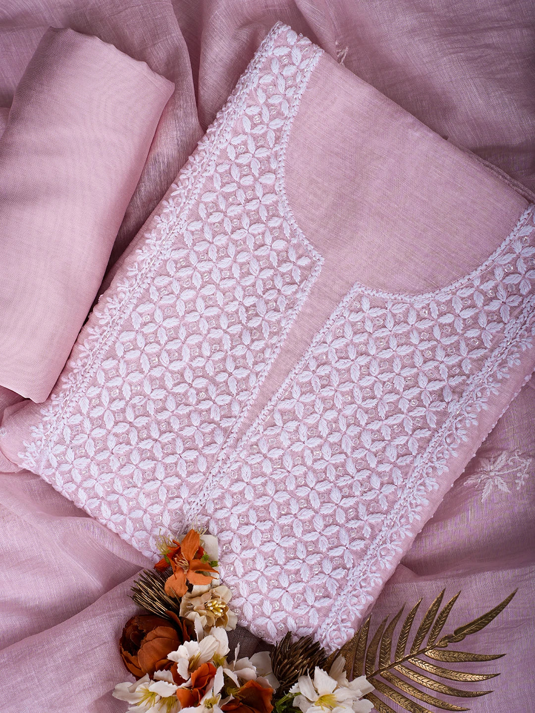 Ada Hand Embroidered Pink Chanderi Lucknowi Chikankari Unstitched Suit Piece With Cutdana Work 01A709325