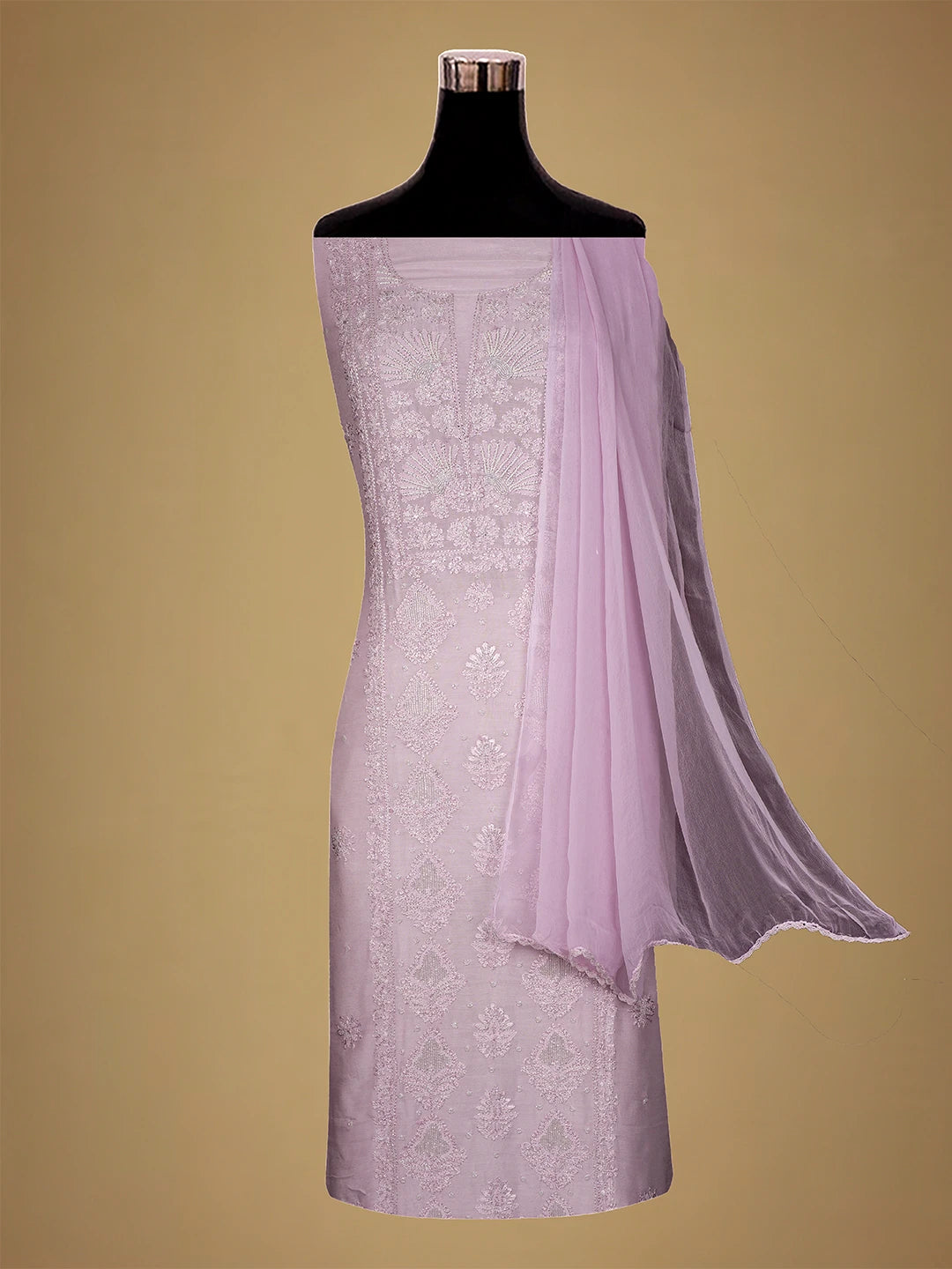 Ada Hand Embroidered Lavender Muslin Lucknowi Chikankari Unstitched Suit Piece With Cutdana Work 01A709416