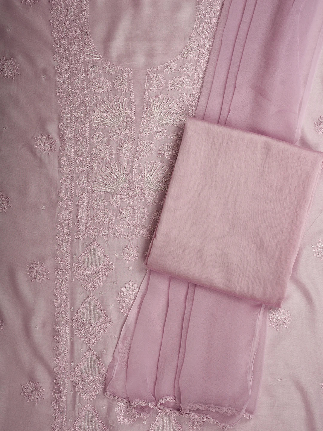 Ada Hand Embroidered Lavender Muslin Lucknowi Chikankari Unstitched Suit Piece With Cutdana Work 01A709416