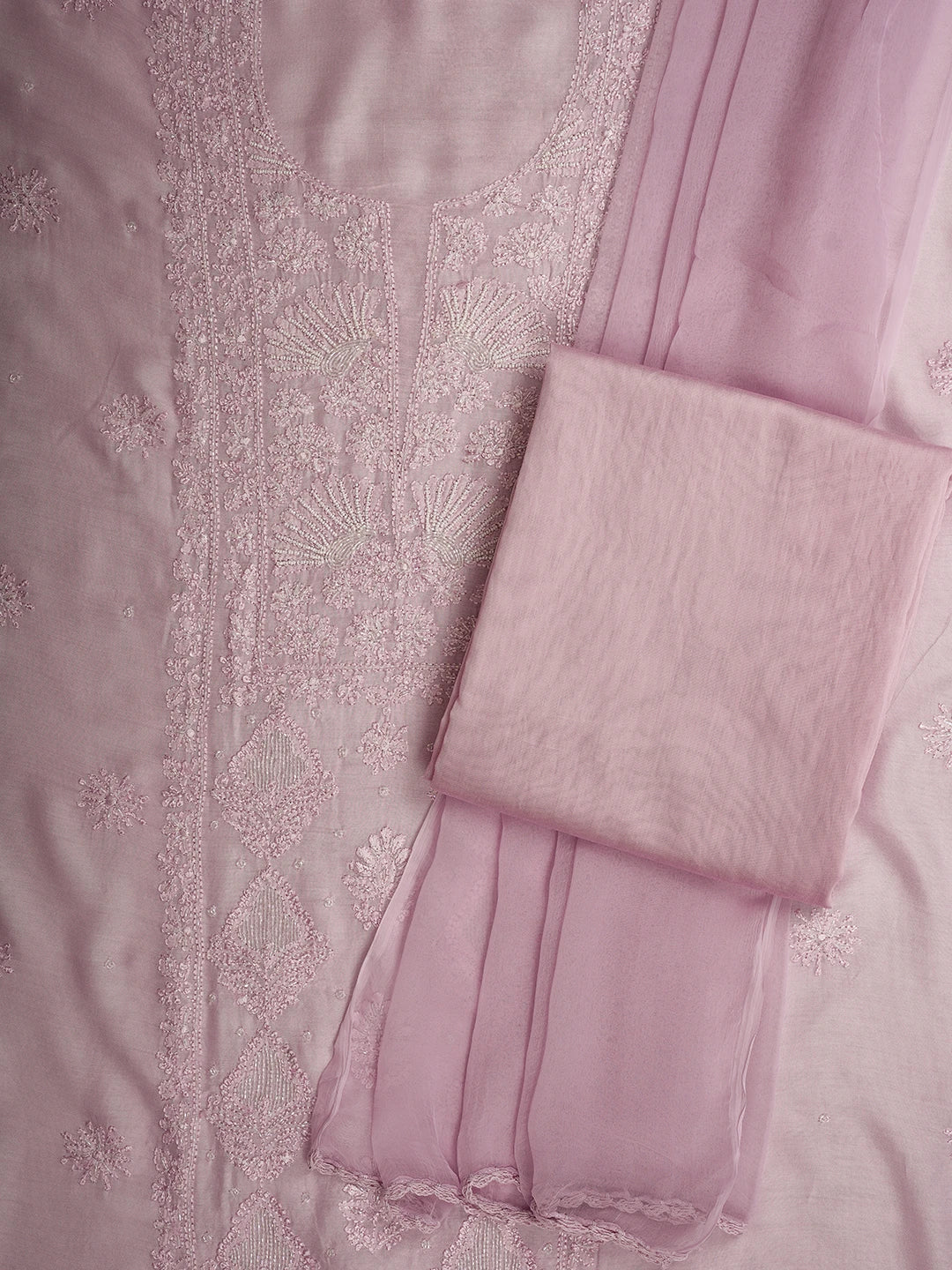 Ada Hand Embroidered Lavender Muslin Lucknowi Chikankari Unstitched Suit Piece With Cutdana Work 01A709416
