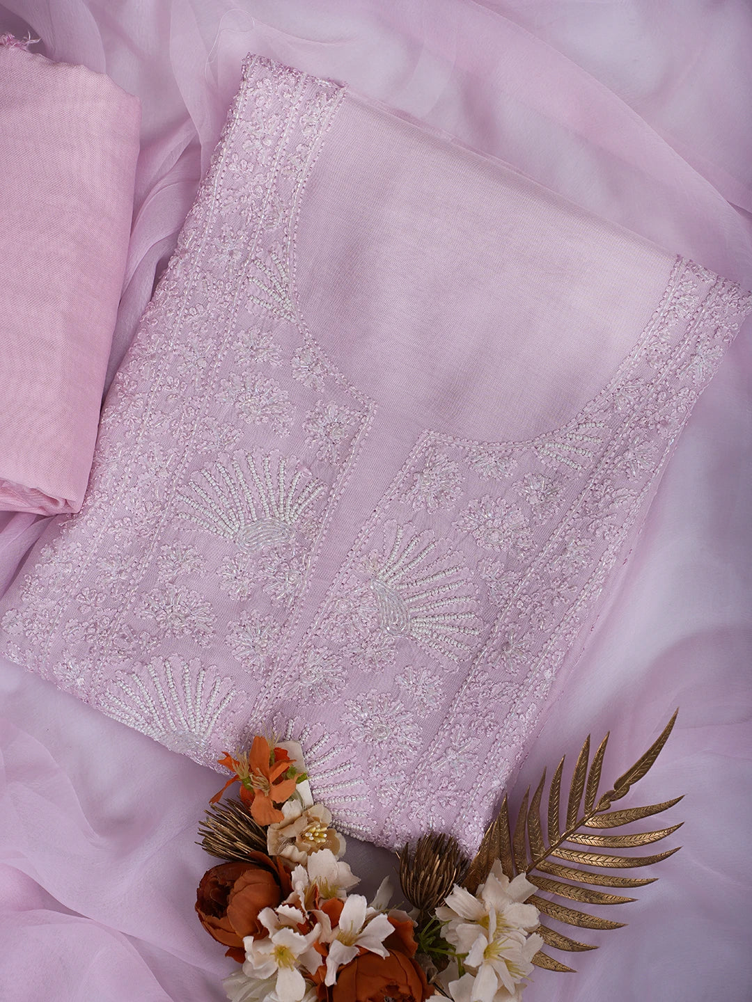 Ada Hand Embroidered Lavender Muslin Lucknowi Chikankari Unstitched Suit Piece With Cutdana Work 01A709416