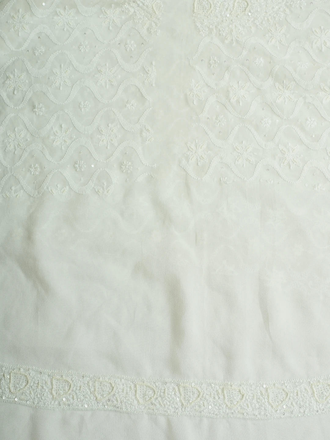 Ada Hand Embroidered White Pure Georgette Lucknowi Chikankari Unstitched Men's Kurta Piece With Sequinned Work 01A591029