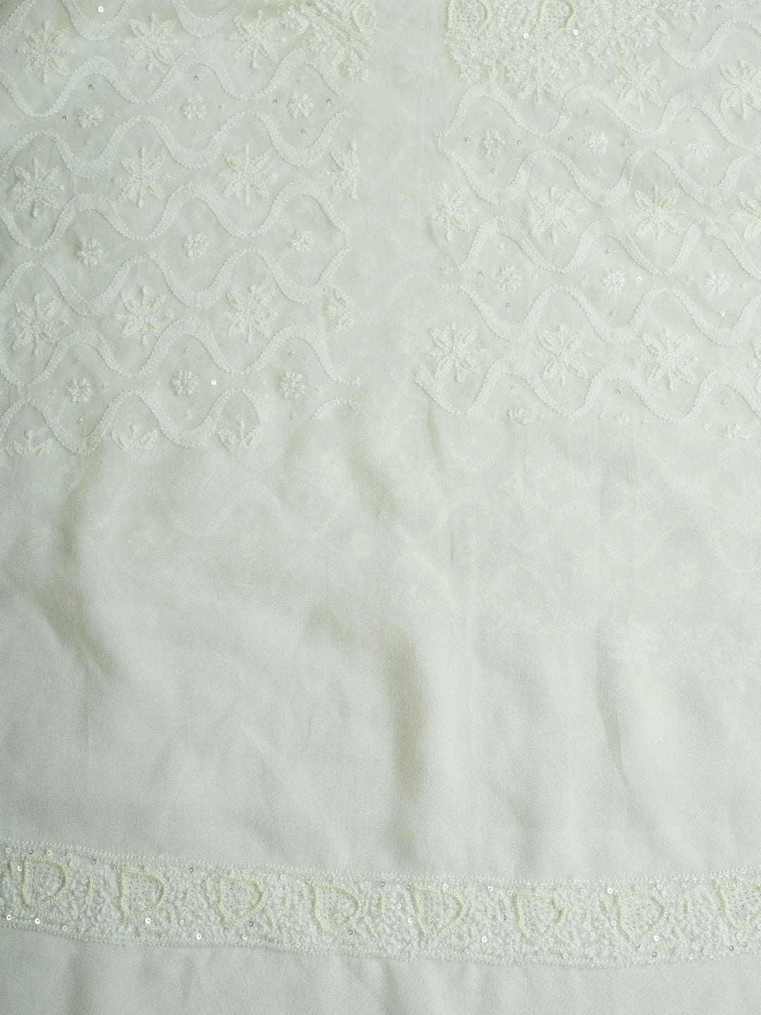 Ada Hand Embroidered White Pure Georgette Lucknowi Chikankari Unstitched Men's Kurta Piece With Sequinned Work 01A591029