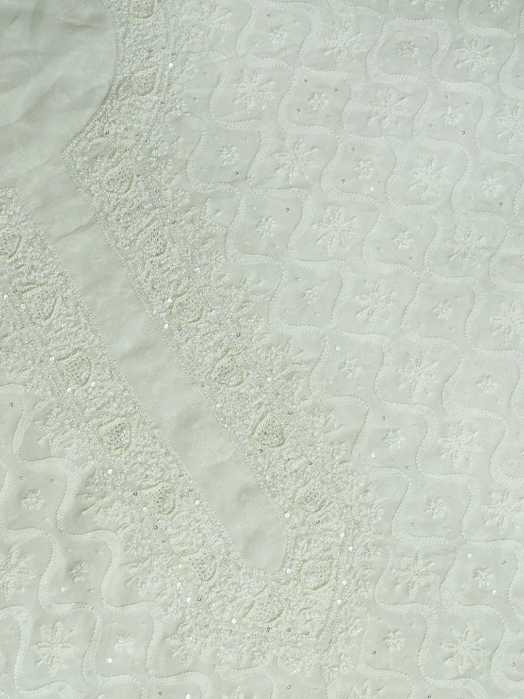 Ada Hand Embroidered White Pure Georgette Lucknowi Chikankari Unstitched Men's Kurta Piece With Sequinned Work 01A591029