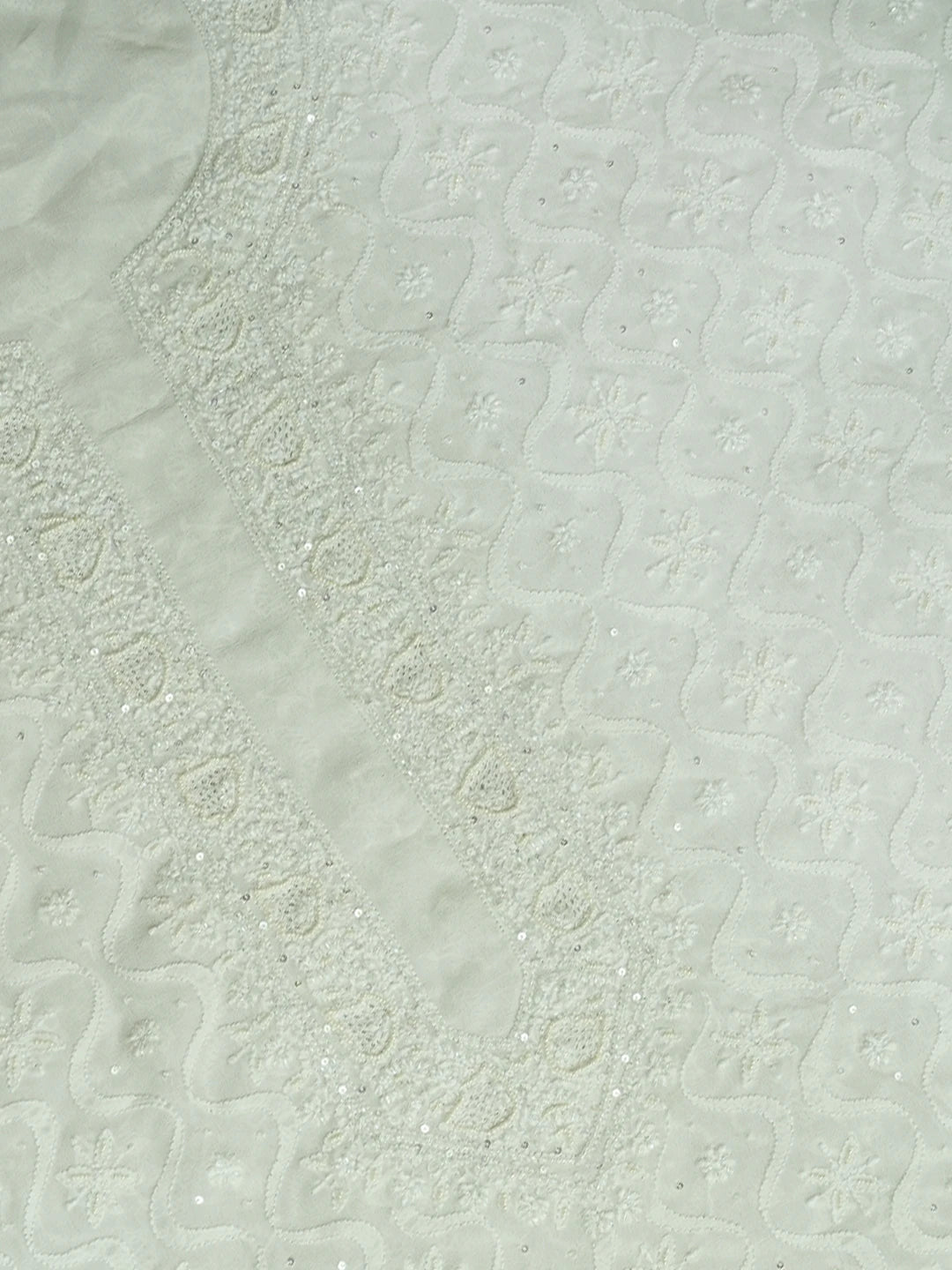 Ada Hand Embroidered White Pure Georgette Lucknowi Chikankari Unstitched Men's Kurta Piece With Sequinned Work 01A591029