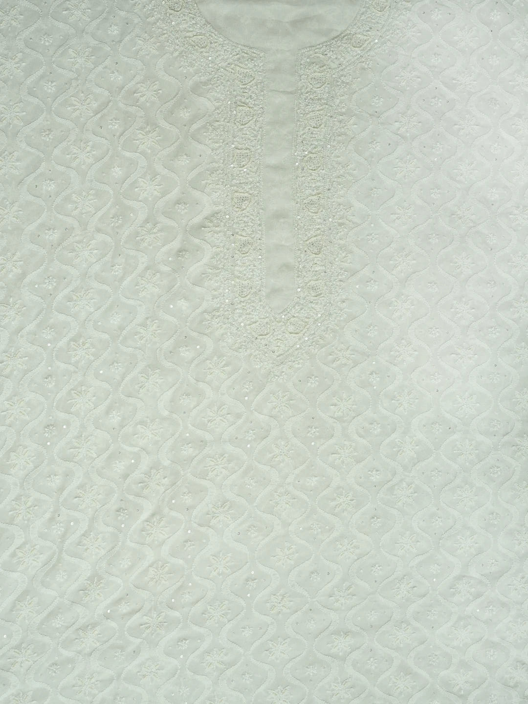 Ada Hand Embroidered White Pure Georgette Lucknowi Chikankari Unstitched Men's Kurta Piece With Sequinned Work 01A591029