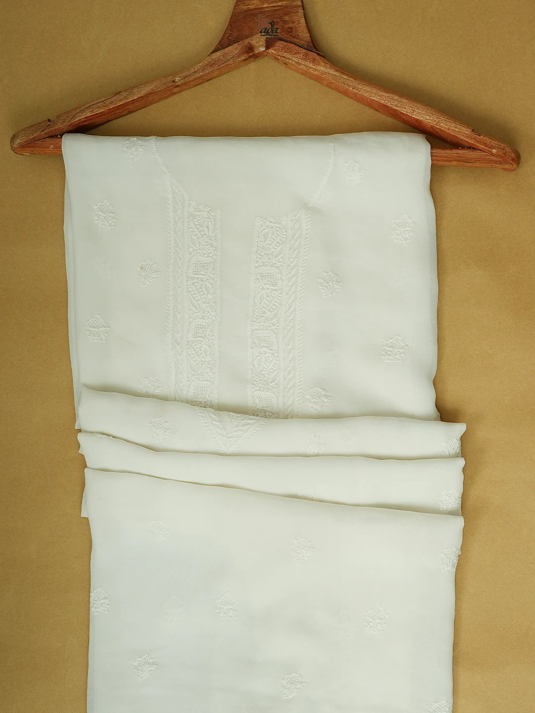 Ada Hand Embroidered White Pure Georgette Lucknowi Chikankari Unstitched Men's Kurta Piece 01A533916