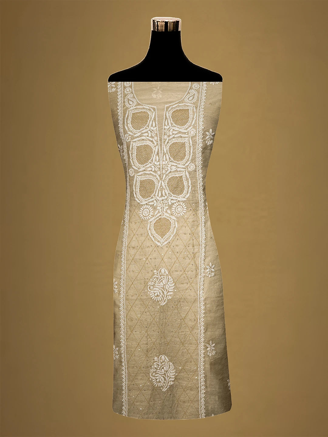 Ada Hand Embroidered Fawn Chanderi Lucknowi Chikankari Unstitched Suit Piece With Cutdana Work 01A709322