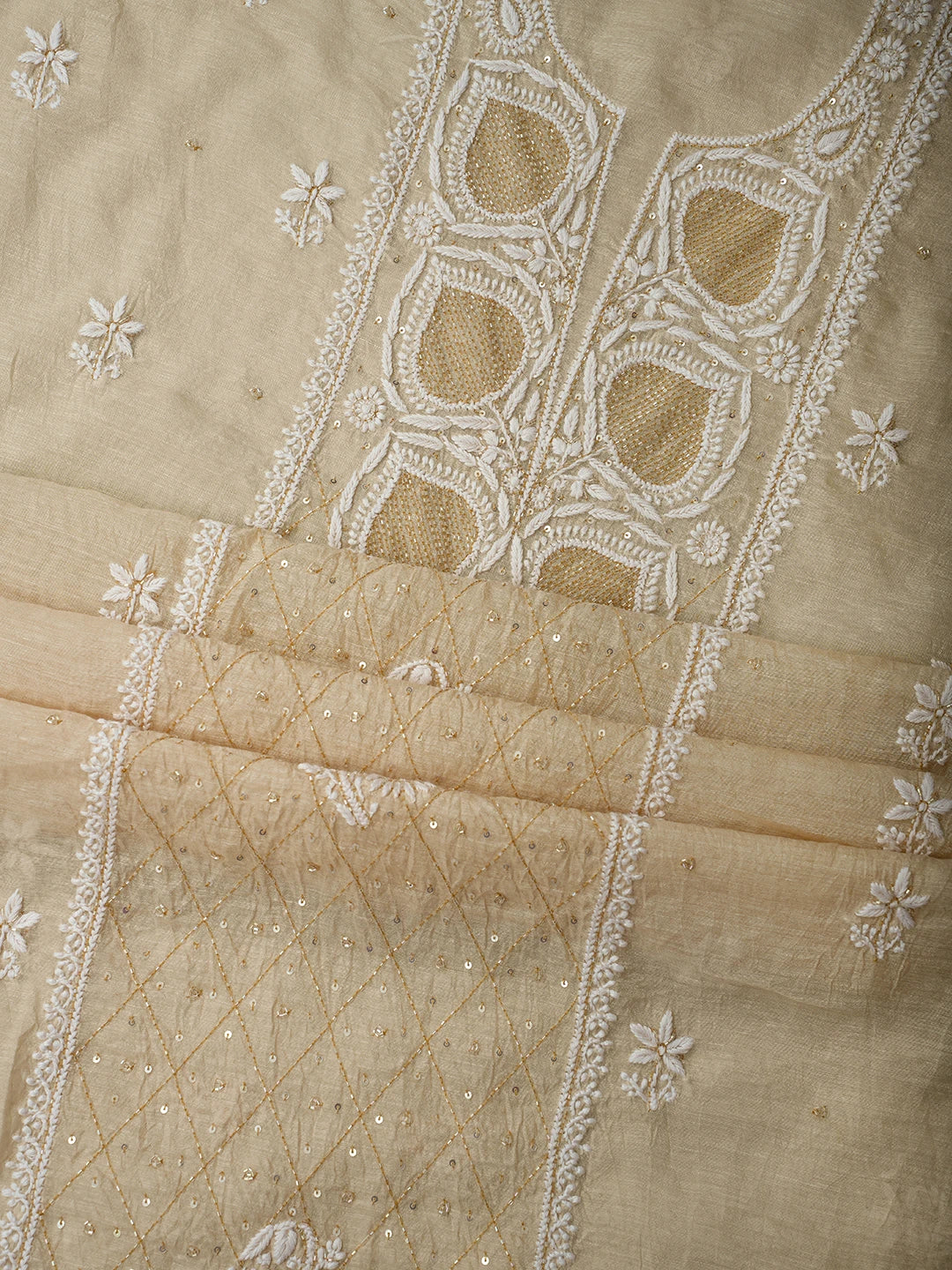 Ada Hand Embroidered Fawn Chanderi Lucknowi Chikankari Unstitched Suit Piece With Cutdana Work 01A709322
