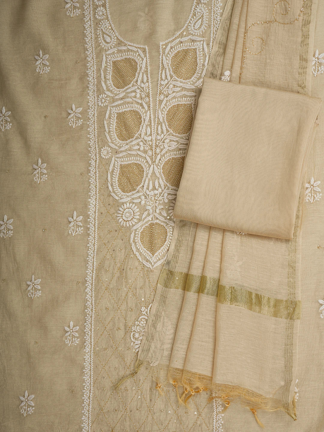 Ada Hand Embroidered Fawn Chanderi Lucknowi Chikankari Unstitched Suit Piece With Cutdana Work 01A709322