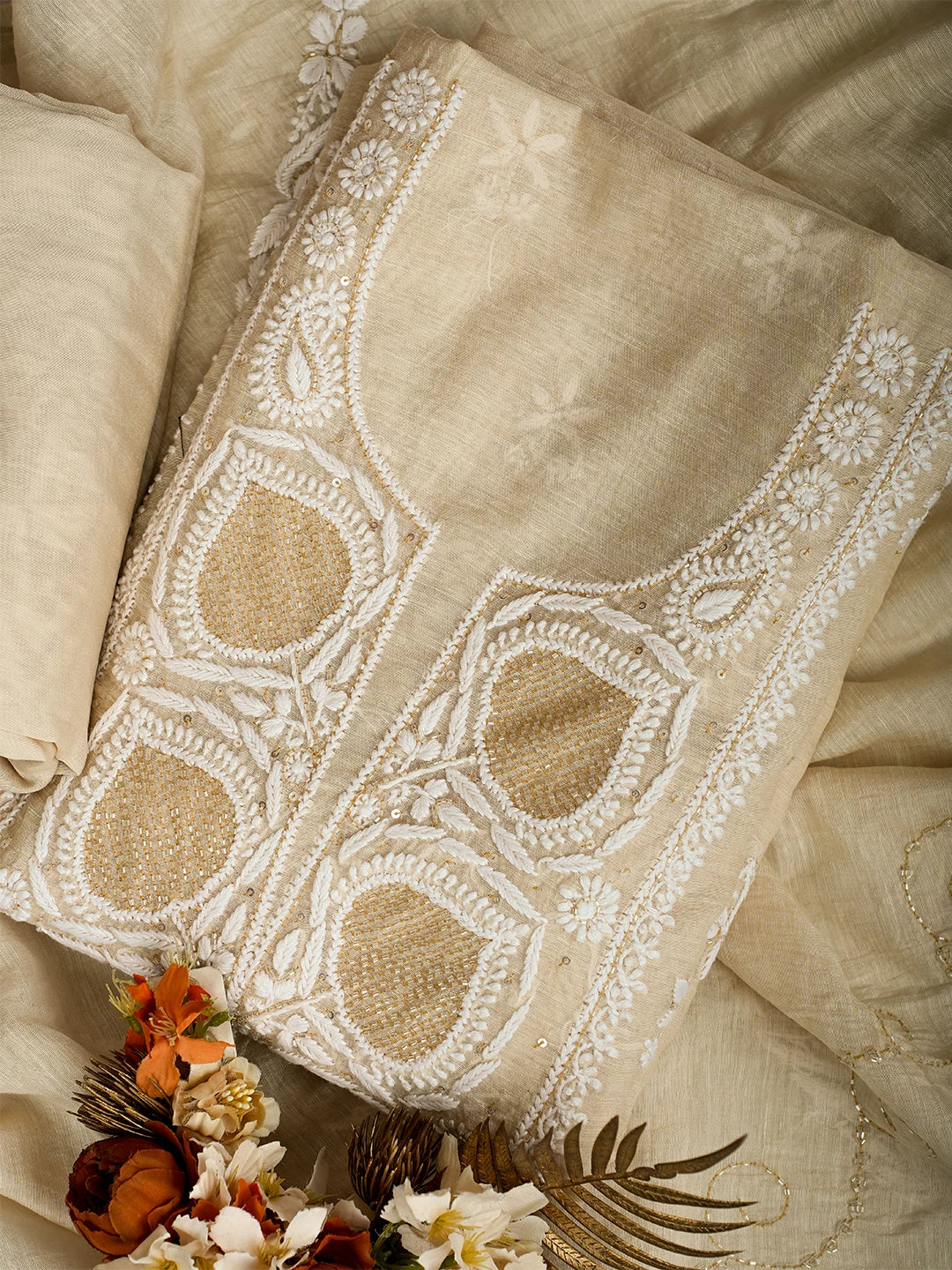Ada Hand Embroidered Fawn Chanderi Lucknowi Chikankari Unstitched Suit Piece With Cutdana Work 01A709322