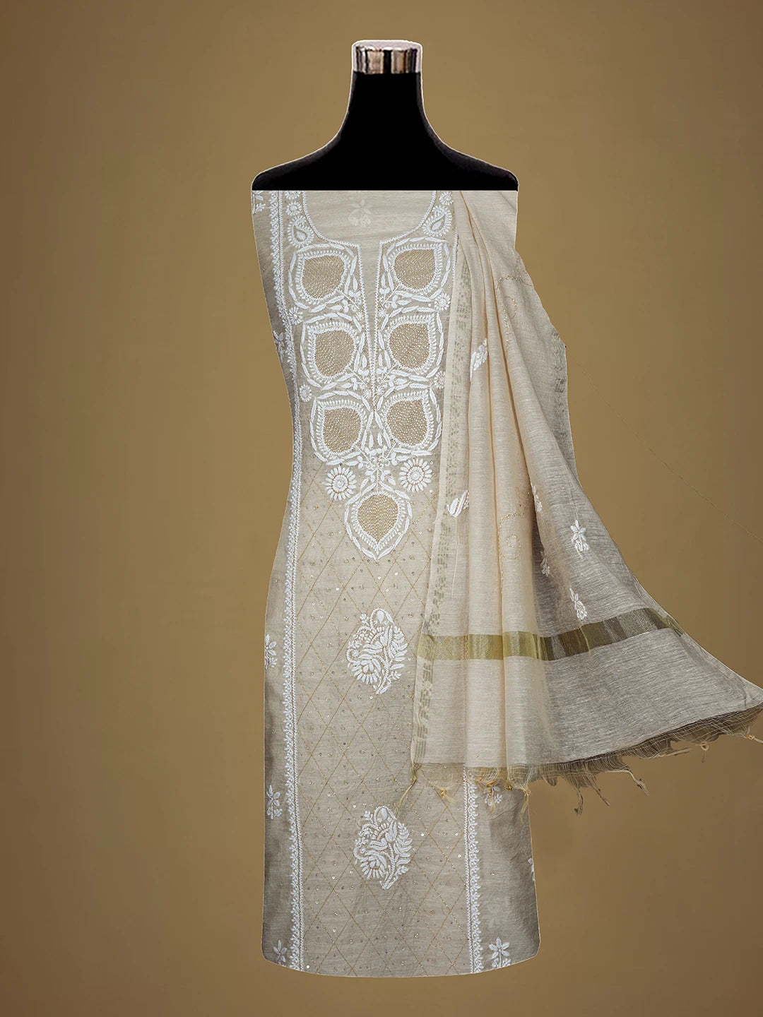 Ada Hand Embroidered Fawn Chanderi Lucknowi Chikankari Unstitched Suit Piece With Cutdana Work 01A709322