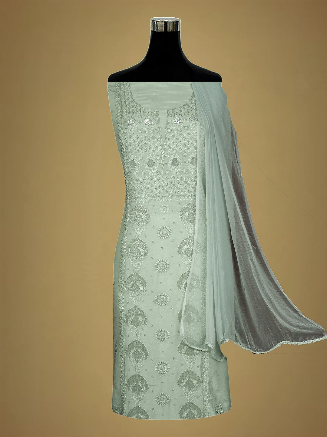 Ada Hand Embroidered Olive Green Maslin Lucknowi Chikankari Unstitched Suit Piece With Cutdana Work 01A709326