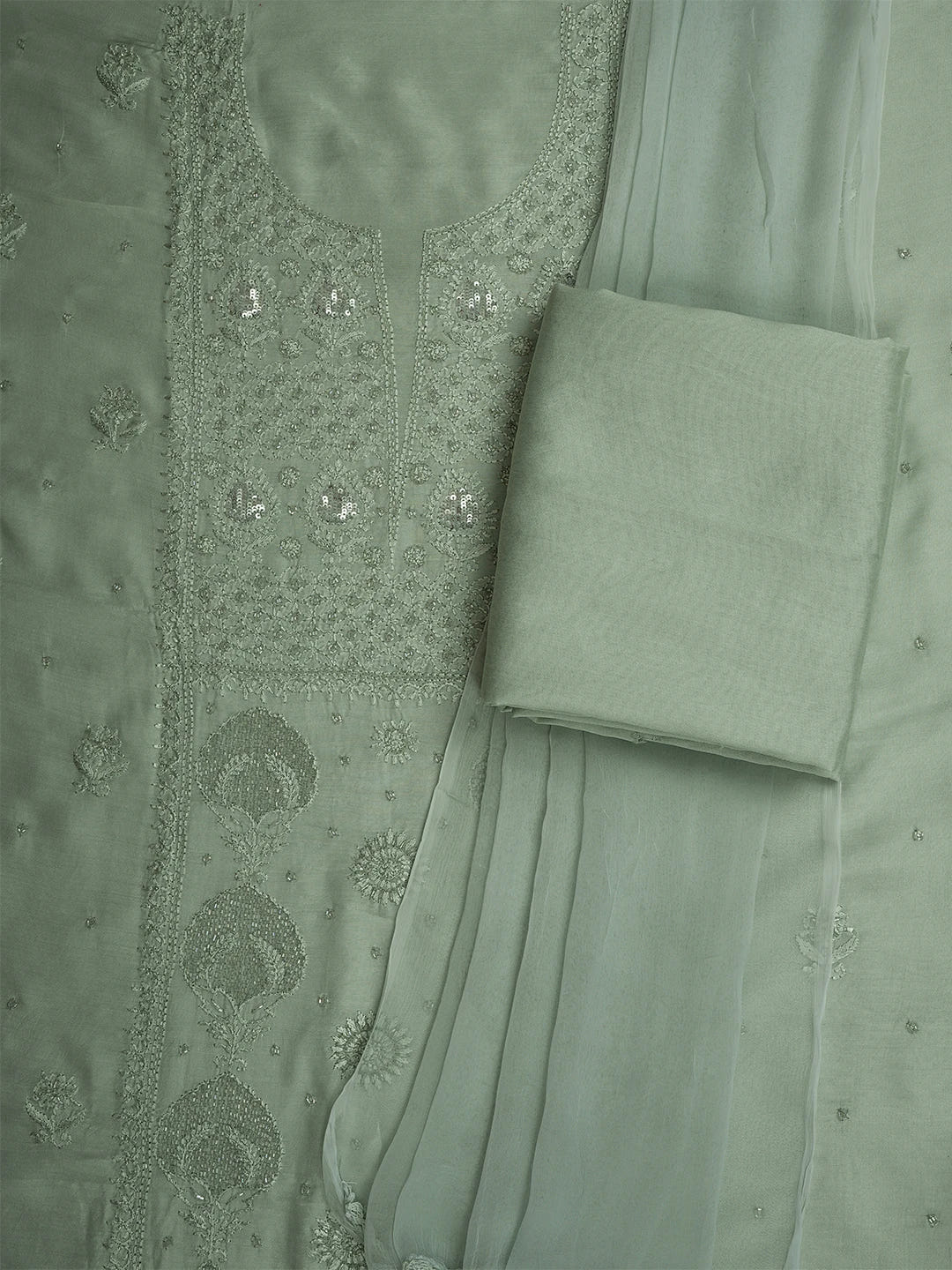 Ada Hand Embroidered Olive Green Maslin Lucknowi Chikankari Unstitched Suit Piece With Cutdana Work 01A709326