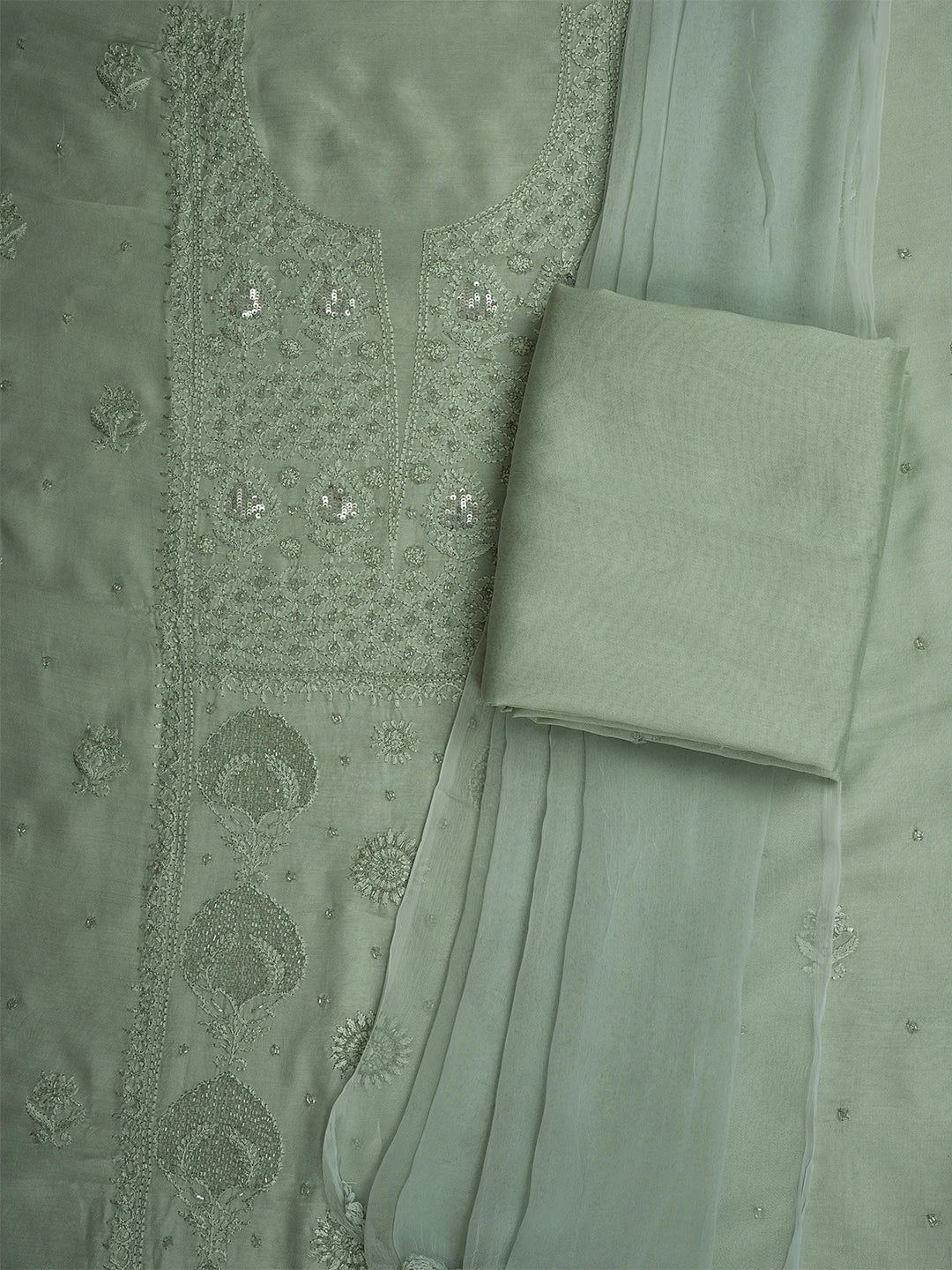 Ada Hand Embroidered Olive Green Maslin Lucknowi Chikankari Unstitched Suit Piece With Cutdana Work 01A709326