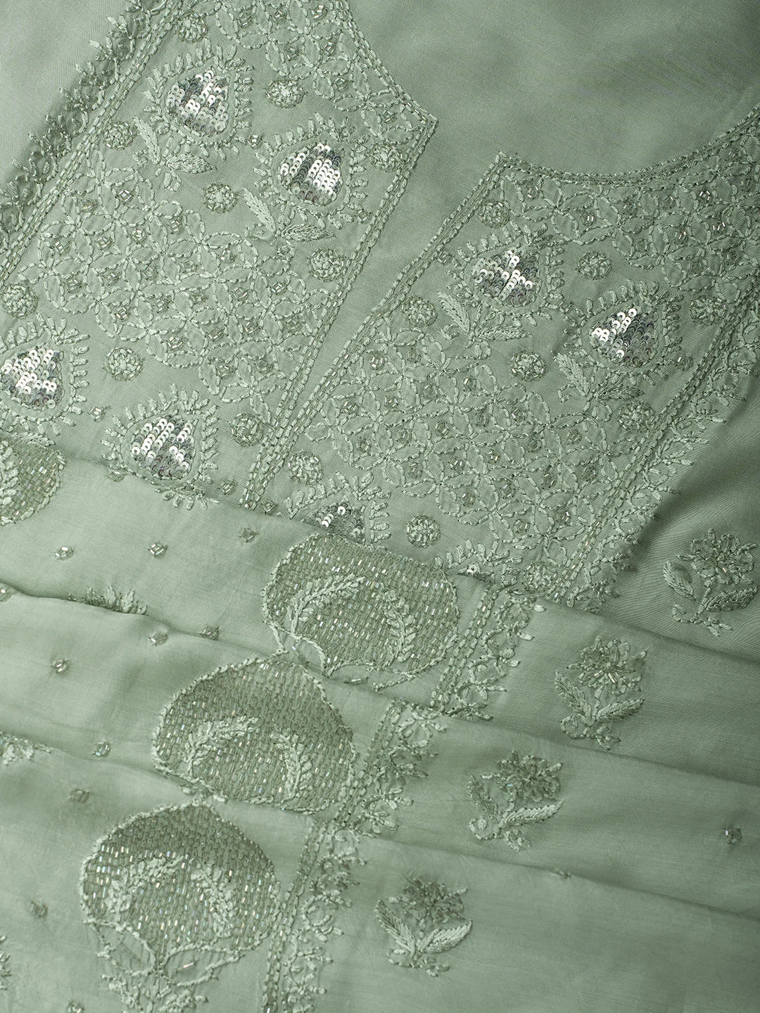 Ada Hand Embroidered Olive Green Maslin Lucknowi Chikankari Unstitched Suit Piece With Cutdana Work 01A709326