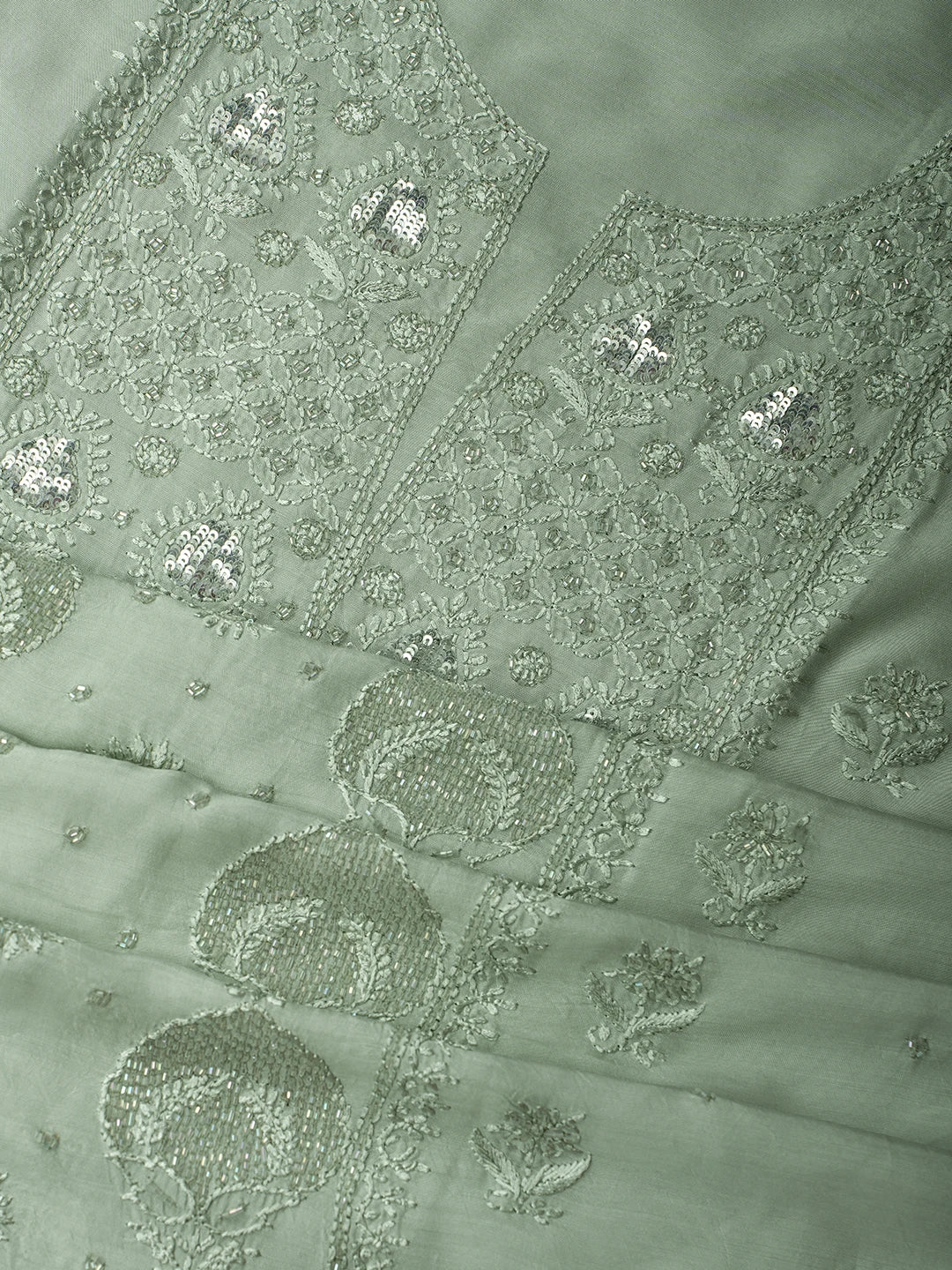 Ada Hand Embroidered Olive Green Maslin Lucknowi Chikankari Unstitched Suit Piece With Cutdana Work 01A709326