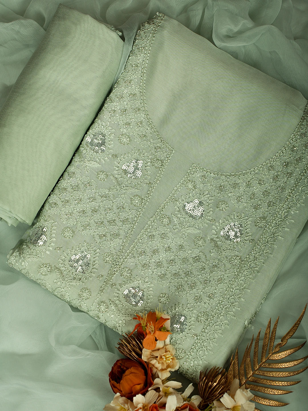 Ada Hand Embroidered Olive Green Maslin Lucknowi Chikankari Unstitched Suit Piece With Cutdana Work 01A709326