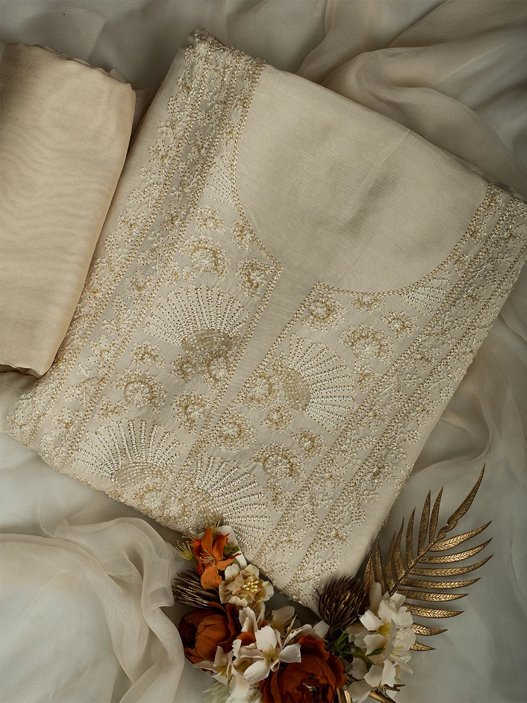 Ada Hand Embroidered Fawn Muslin Lucknowi Chikankari Unstitched Suit Piece With Cutdana Work 01A709421