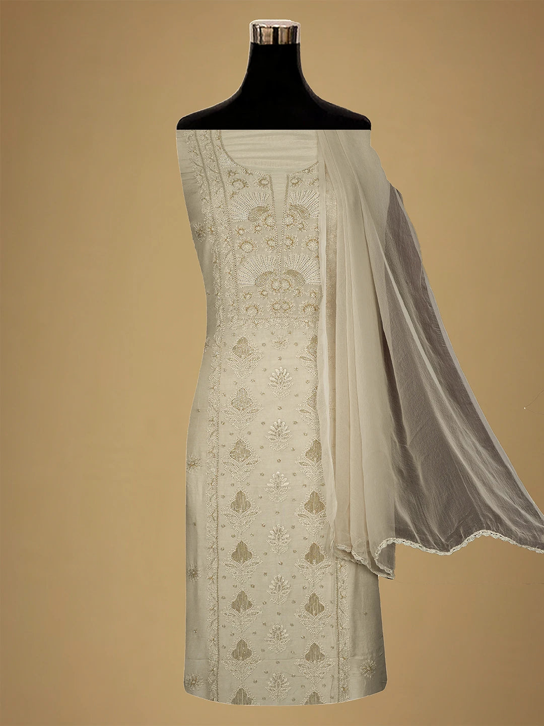 Ada Hand Embroidered Fawn Muslin Lucknowi Chikankari Unstitched Suit Piece With Cutdana Work 01A709421