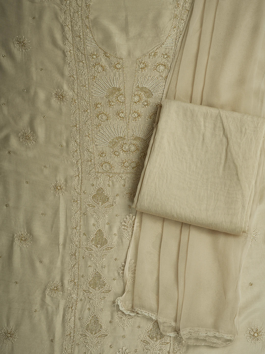 Ada Hand Embroidered Fawn Muslin Lucknowi Chikankari Unstitched Suit Piece With Cutdana Work 01A709421