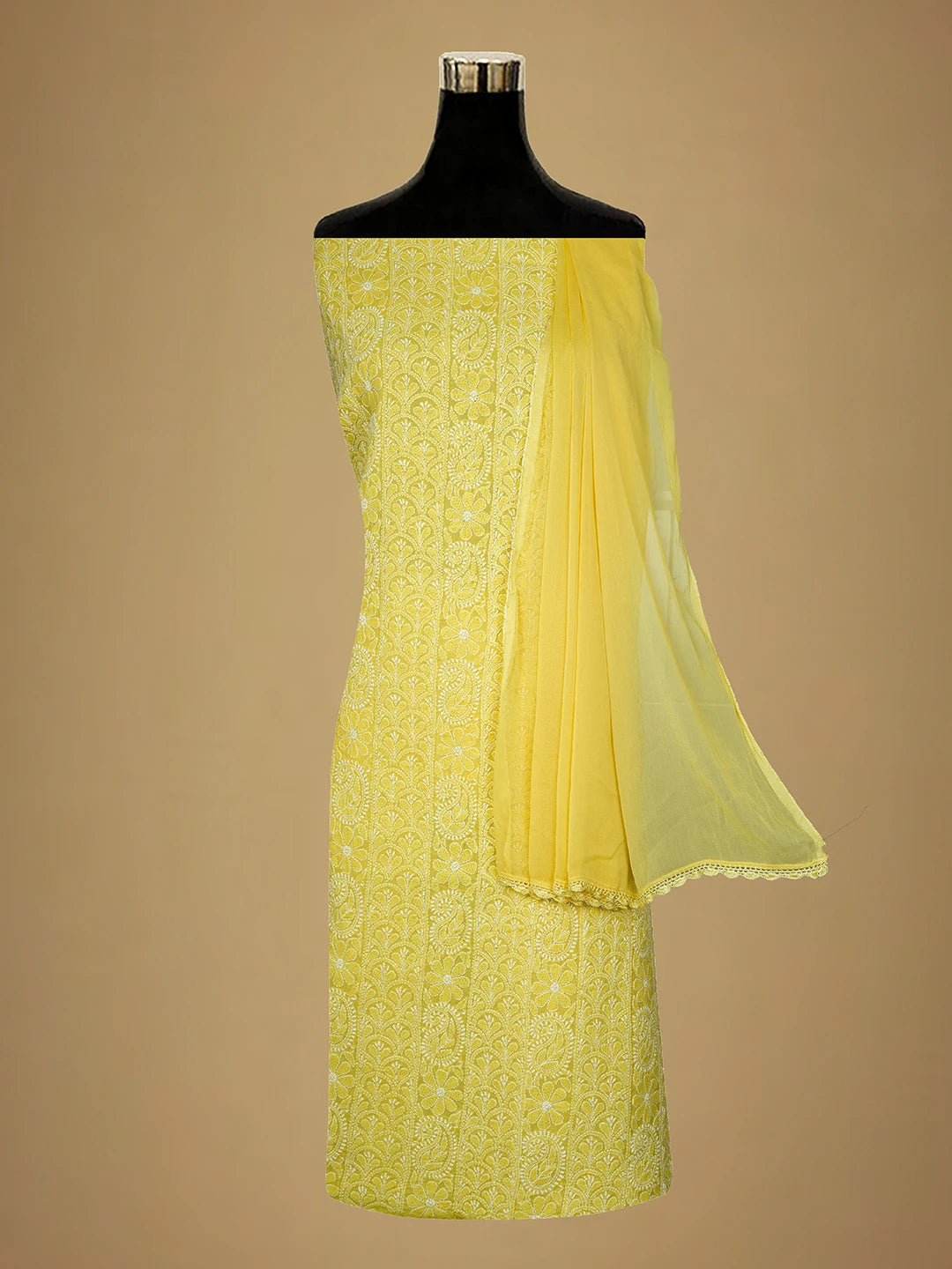 Ada Hand Embroidered Yellow Cotton Lucknowi Chikankari Unstitched Suit Piece 01A710365