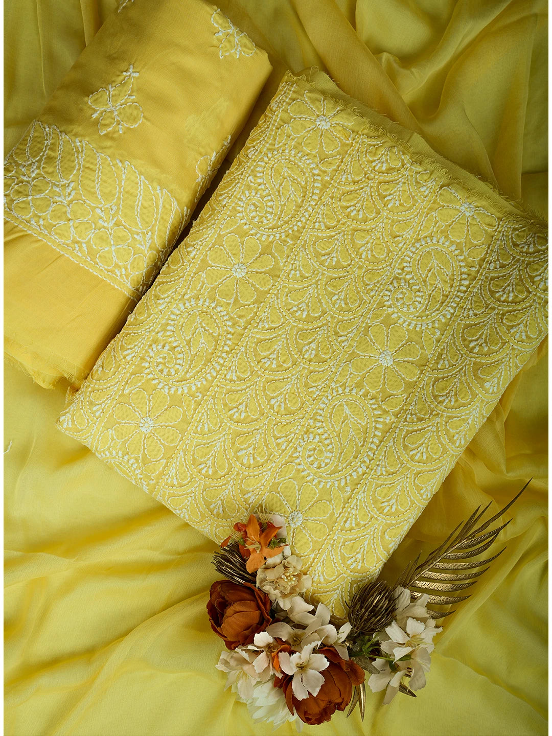 Ada Hand Embroidered Yellow Cotton Lucknowi Chikankari Unstitched Suit Piece 01A710365