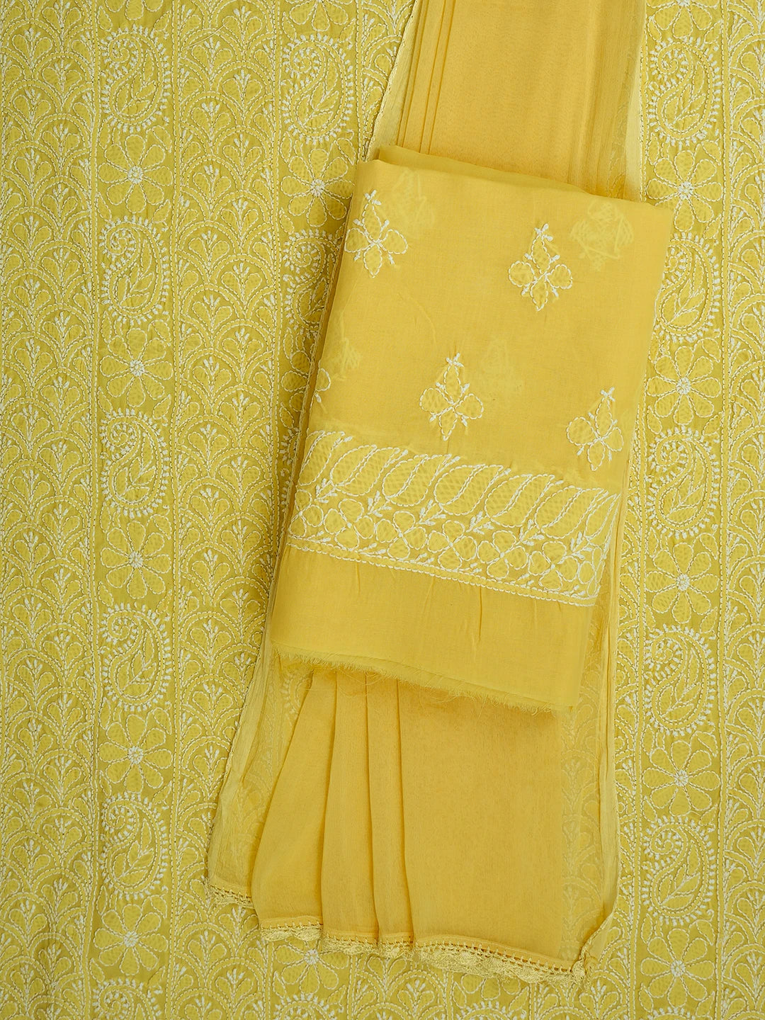 Ada Hand Embroidered Yellow Cotton Lucknowi Chikankari Unstitched Suit Piece 01A710365