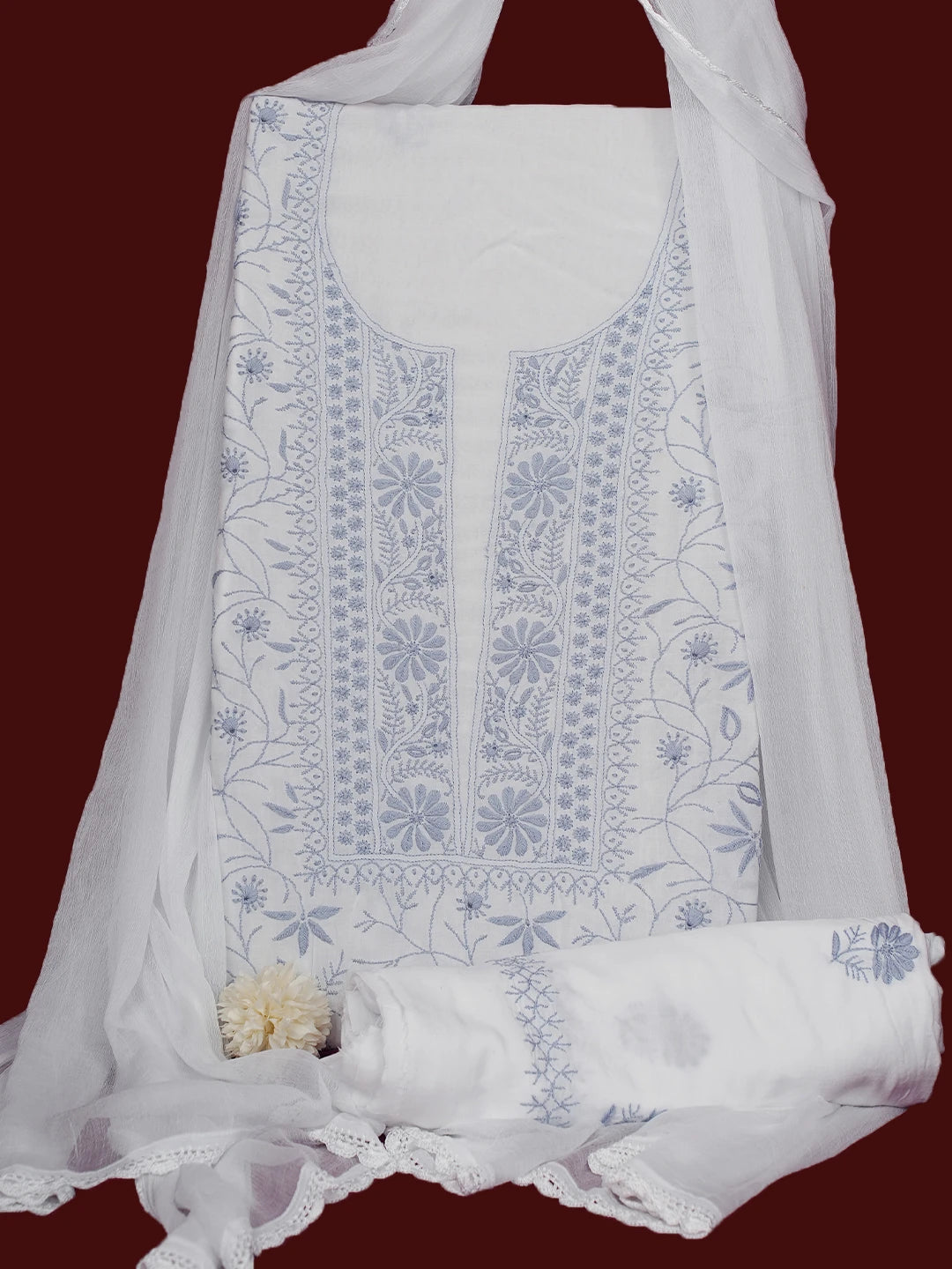 Ada Hand Embroidered White Modal Lucknowi Chikankari Unstitched Suit Piece 01A700564