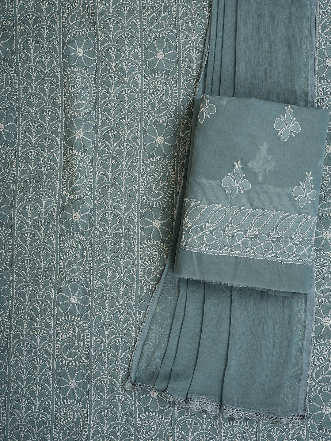 Ada Hand Embroidered Grey Cotton Lucknowi Chikankari Unstitched Suit Piece 01A710376