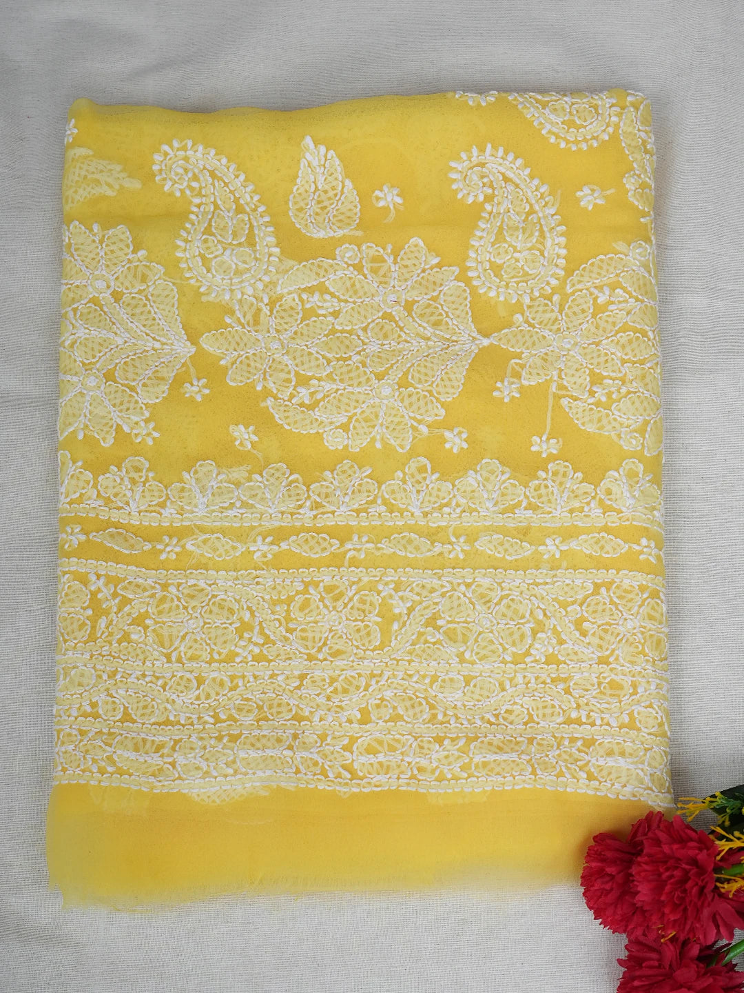 Ada Hand Embroidered Yellow Georgette Lucknowi Chikankari Unstitched Kurta Piece 01A678656