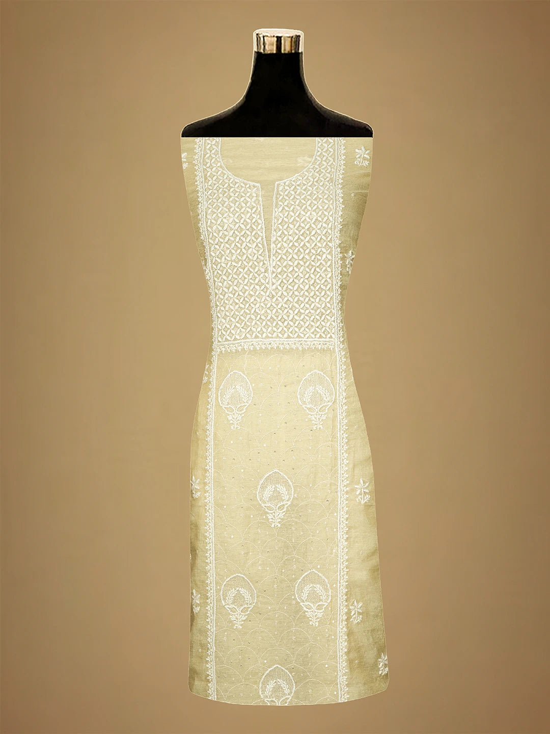 Ada Hand Embroidered Fawn Chanderi Lucknowi Chikankari Unstitched Suit Piece With Cutdana Work 01A709323