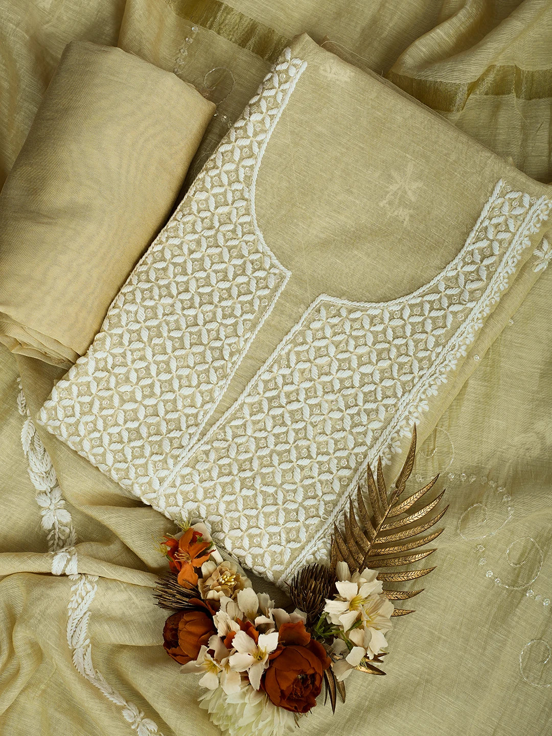 Ada Hand Embroidered Fawn Chanderi Lucknowi Chikankari Unstitched Suit Piece With Cutdana Work 01A709323