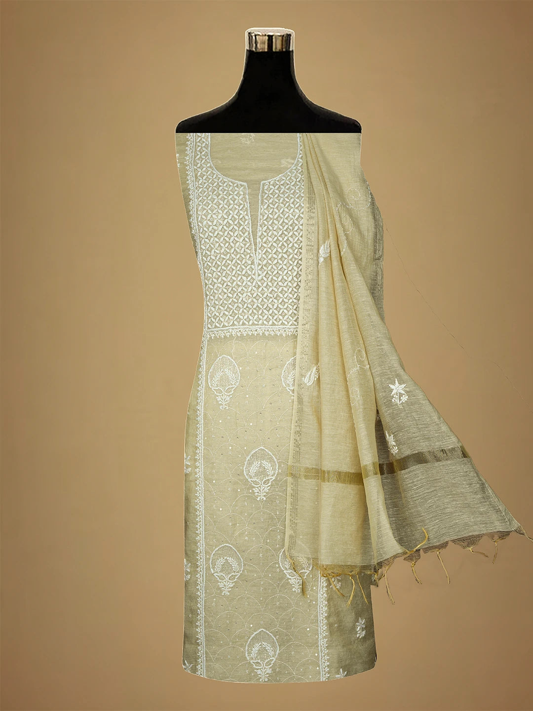 Ada Hand Embroidered Fawn Chanderi Lucknowi Chikankari Unstitched Suit Piece With Cutdana Work 01A709323