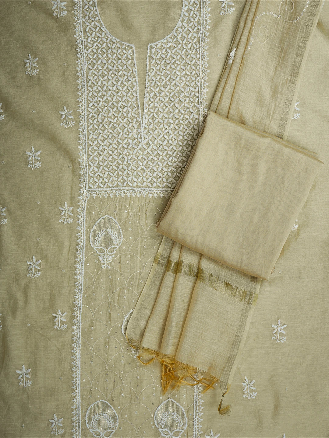 Ada Hand Embroidered Fawn Chanderi Lucknowi Chikankari Unstitched Suit Piece With Cutdana Work 01A709323