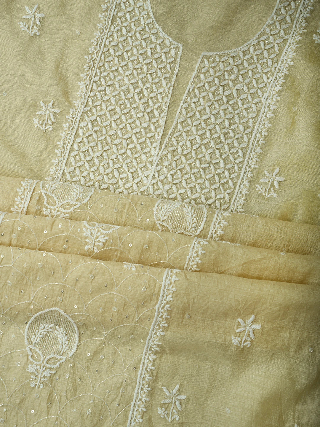 Ada Hand Embroidered Fawn Chanderi Lucknowi Chikankari Unstitched Suit Piece With Cutdana Work 01A709323