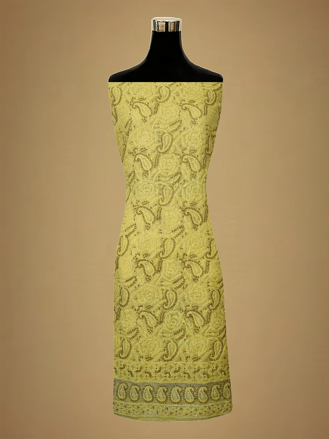 Ada Hand Embroidered Citron Yellow Chanderi Lucknowi Chikankari Unstitched Kurta Dupatta Set 01A711026