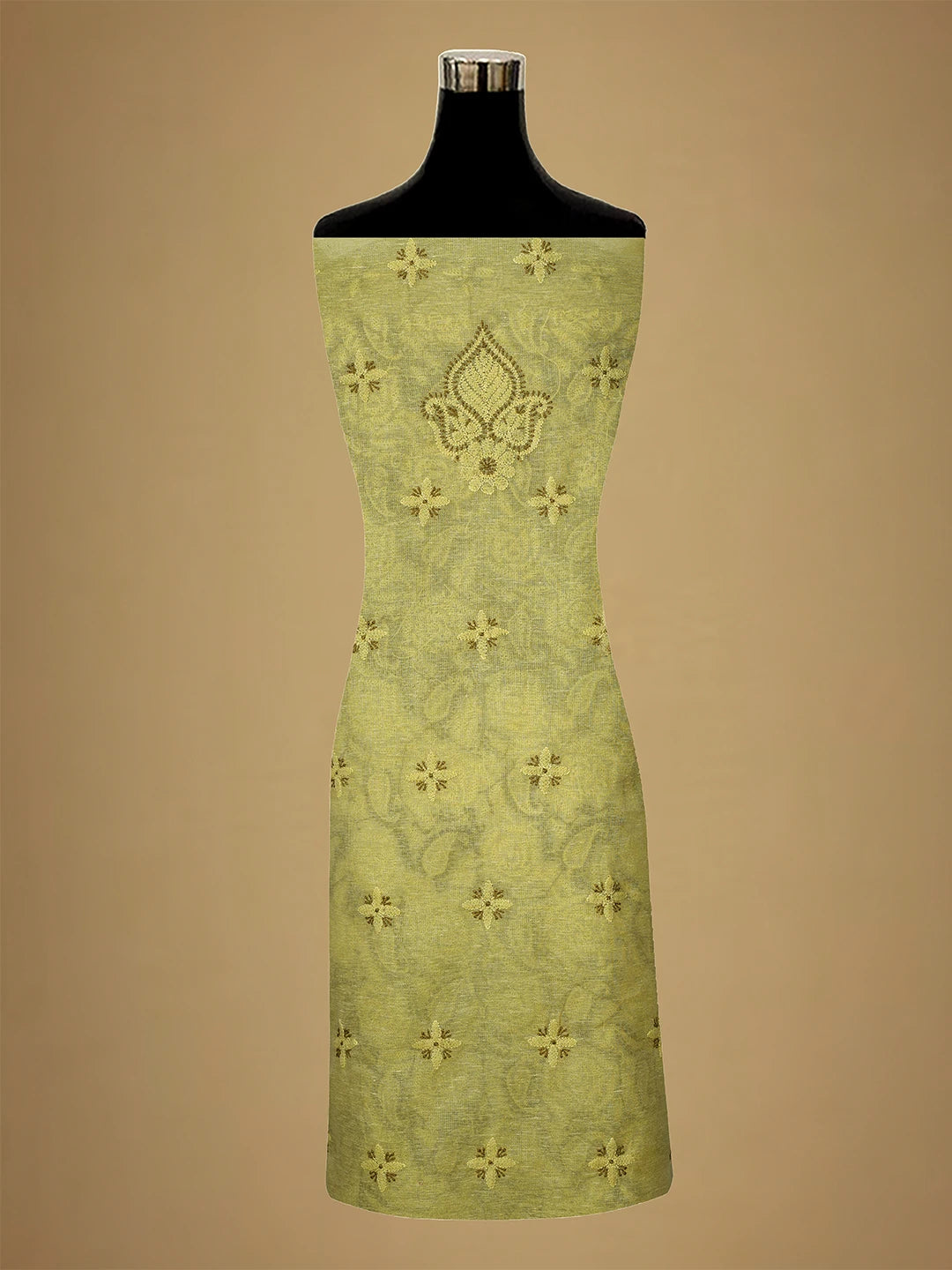 Ada Hand Embroidered Citron Yellow Chanderi Lucknowi Chikankari Unstitched Kurta Dupatta Set 01A711026