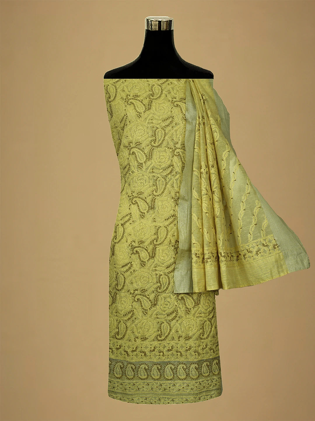 Ada Hand Embroidered Citron Yellow Chanderi Lucknowi Chikankari Unstitched Kurta Dupatta Set 01A711026