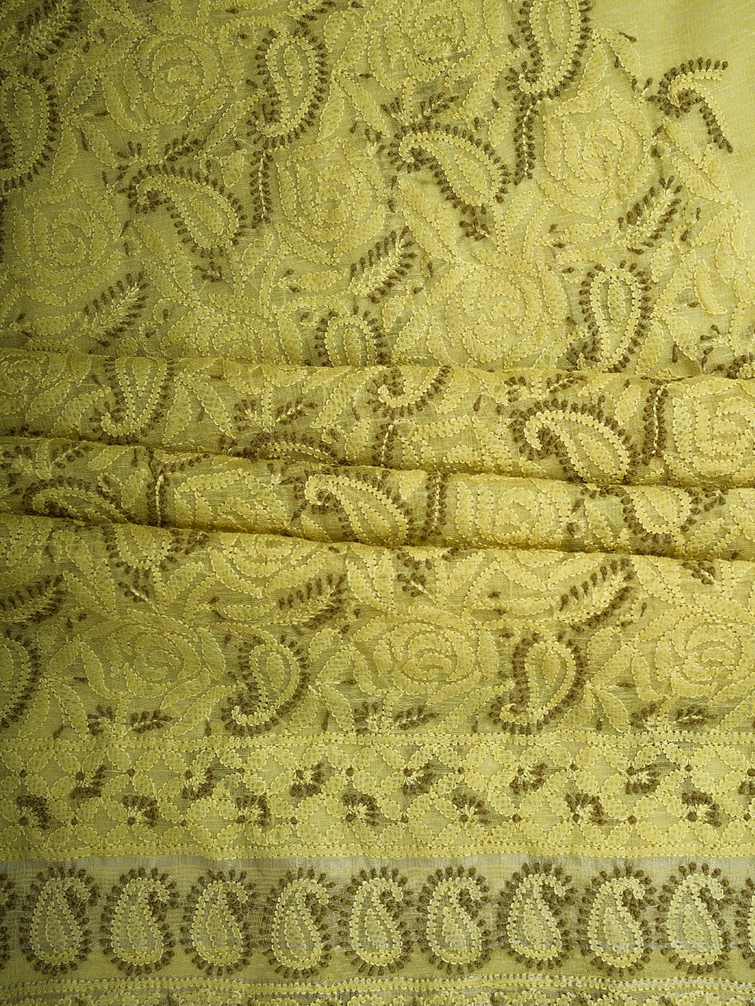 Ada Hand Embroidered Citron Yellow Chanderi Lucknowi Chikankari Unstitched Kurta Dupatta Set 01A711026