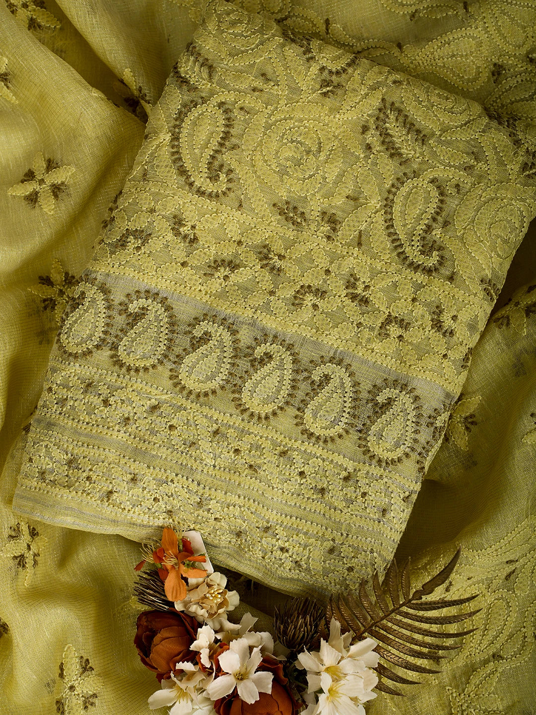Ada Hand Embroidered Citron Yellow Chanderi Lucknowi Chikankari Unstitched Kurta Dupatta Set 01A711026
